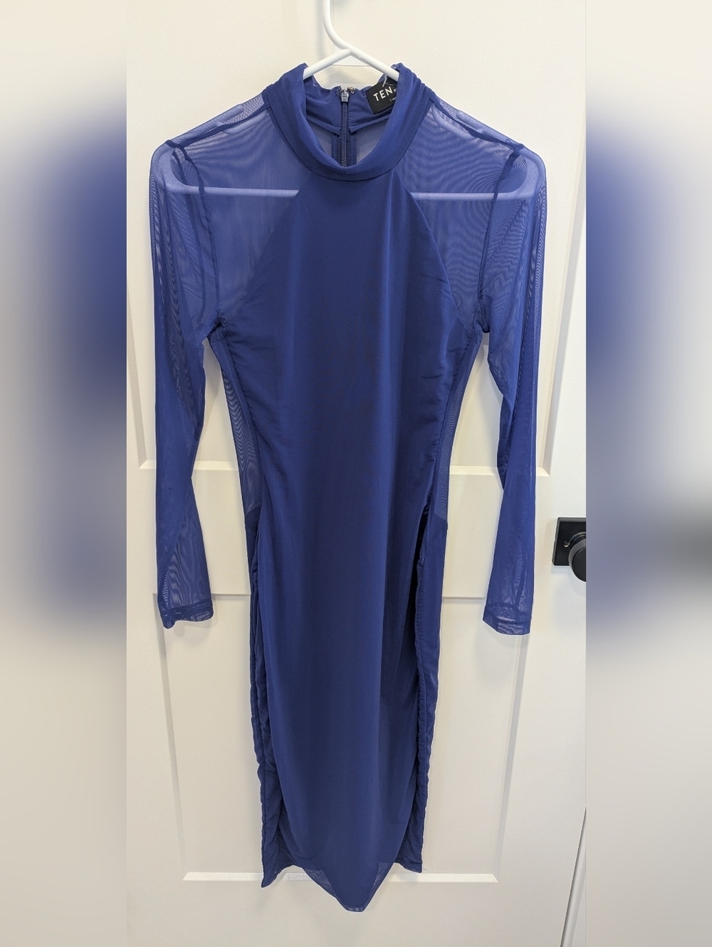 Babaton Mesh Ruched Midi Dress Blue Long Sleeve Bodycon - Picture 2 of 7